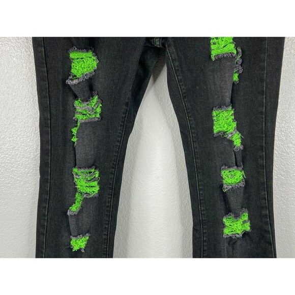 Men 36/29 Black Stretch Denim Jeans Green Distressed Urban Wear - Picture 3 of 9